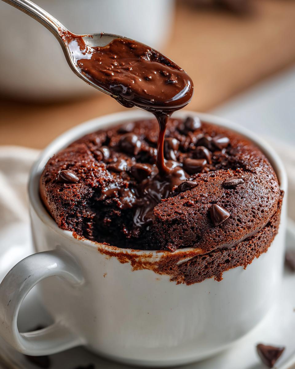 A spoonful of melted chocolate sauce is drizzled over a freshly baked chocolate mug cake topped with chips.