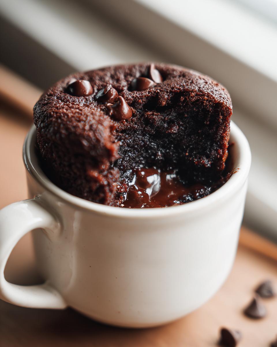 Close-up of a rich chocolate mug cake with a piece taken out, revealing a molten center and chocolate chips.