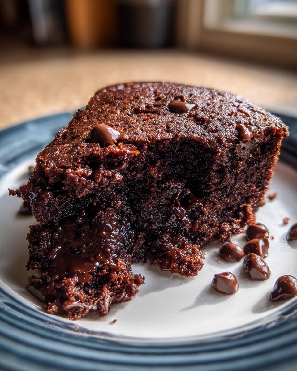 Close-up of a rich, dark chocolate mug cake slice showing a molten, gooey center and chocolate chips.