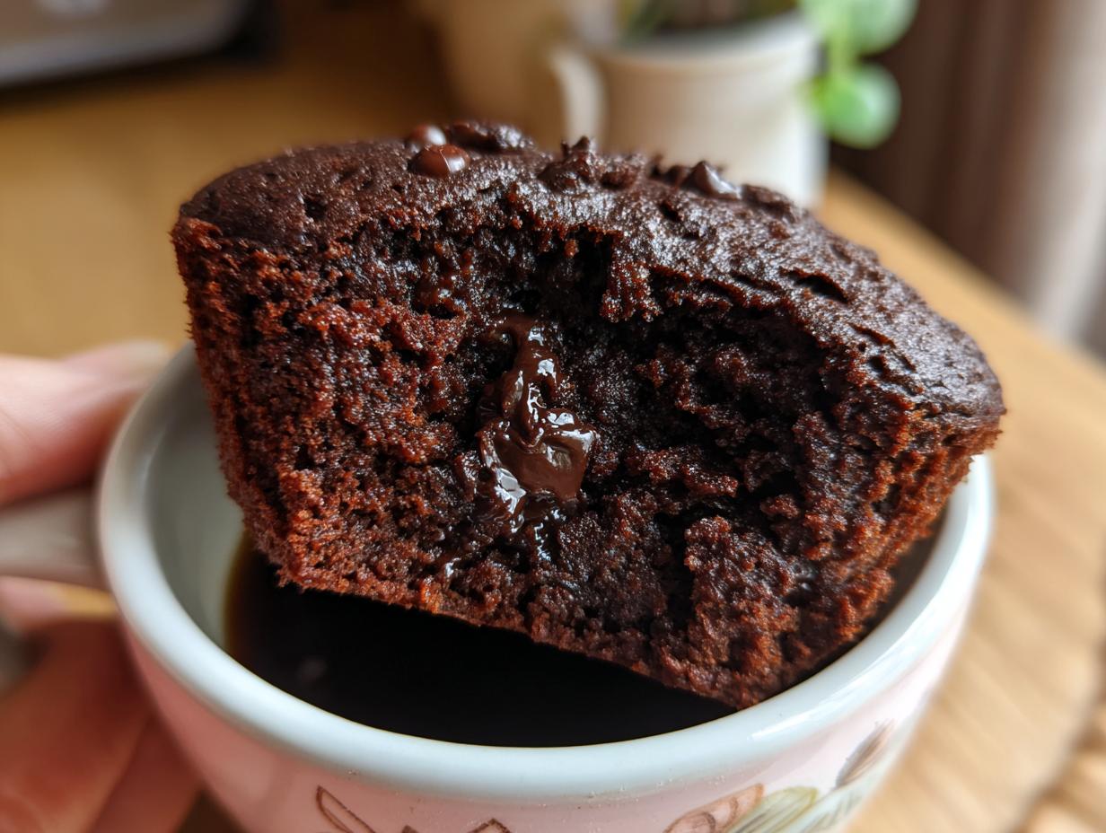 Close-up of a rich, dark chocolate mug cake with a molten center, resting in a pink mug.