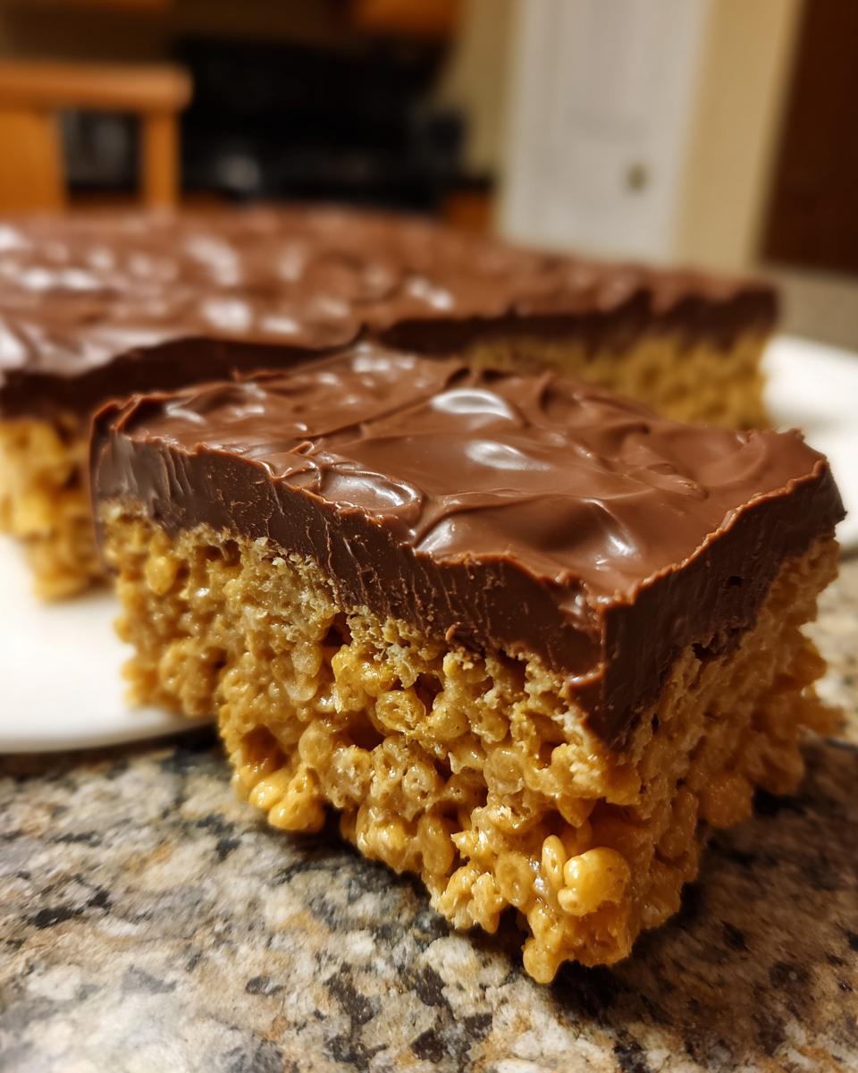 A close-up of a decadent peanut butter rice krispie treats square topped with thick, melted chocolate.