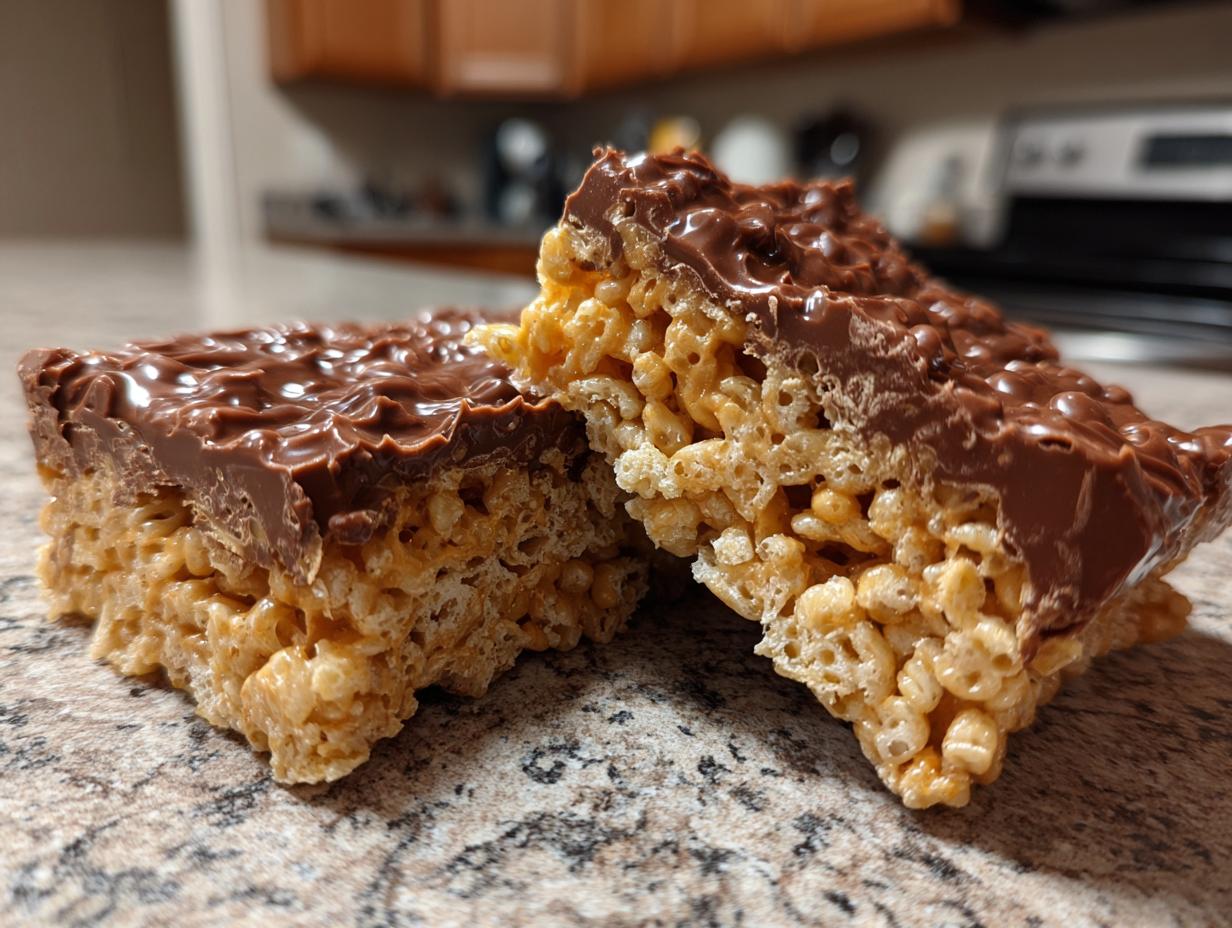 Two pieces of peanut butter rice krispie treats cut in half, showing the crispy texture and thick chocolate topping.