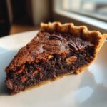 A close-up slice of rich chocolate pecan pie showing the gooey filling and pecan topping on a white plate.