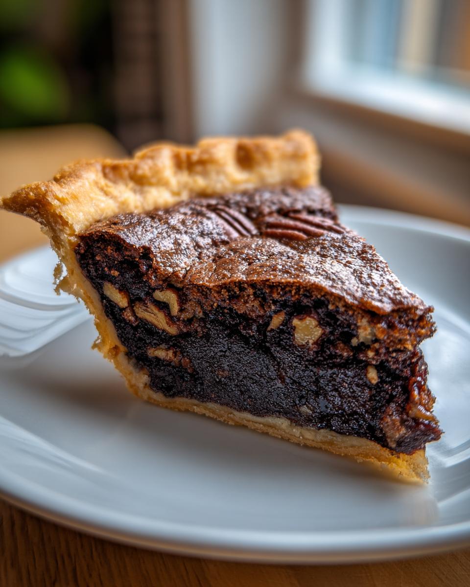A close-up of a decadent slice of chocolate pecan pie showing the flaky crust and dark, rich filling.