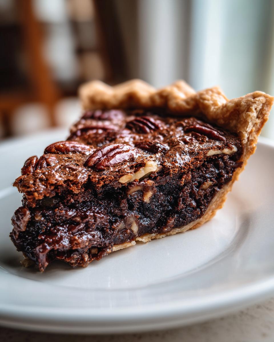 A close-up of a decadent slice of chocolate pecan pie showing the gooey filling and pecan topping on a white plate.