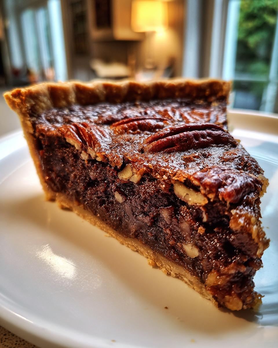 A close-up slice of decadent chocolate pecan pie resting on a white plate, featuring a flaky crust and glossy filling.
