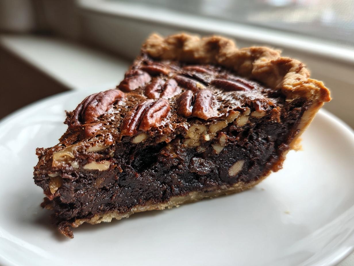 A close-up of a decadent slice of chocolate pecan pie showing the dark filling and whole pecans on top.