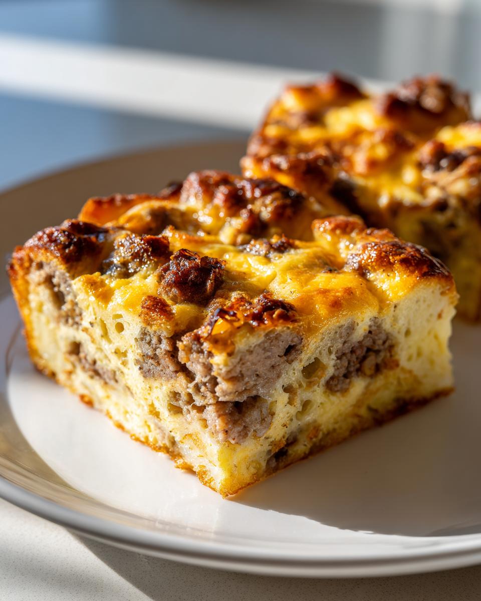 Close-up of a golden brown slice of Christmas breakfast casserole featuring visible chunks of sausage baked into the egg and bread base.