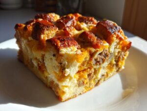 Close-up of a square slice of baked christmas breakfast casserole showing bread, sausage, and melted cheese.