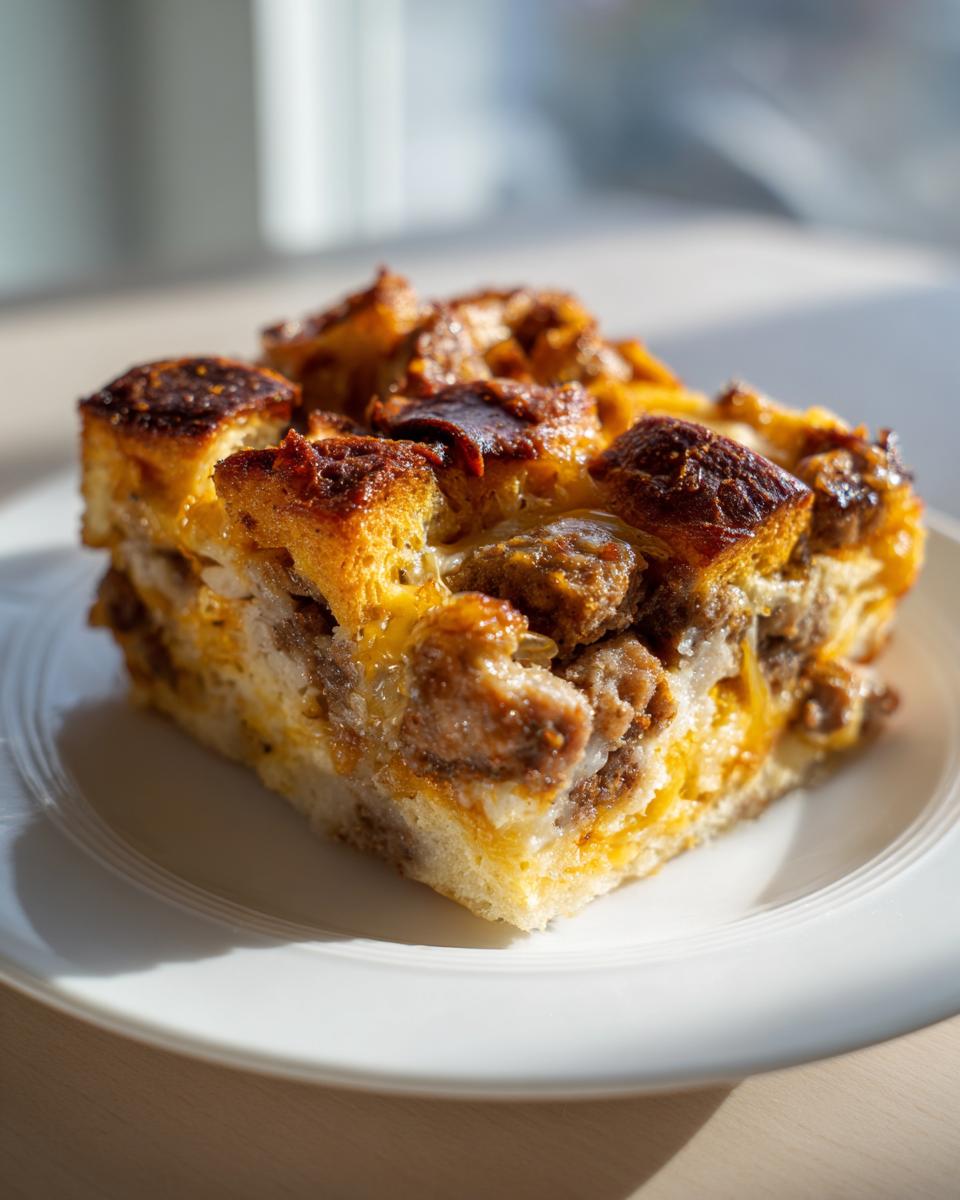 A hearty square slice of christmas breakfast casserole with browned bread cubes and sausage on a white plate.