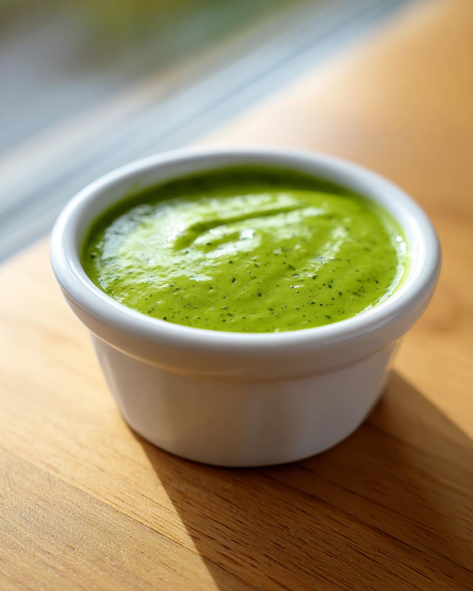 Close-up of vibrant green cilantro lime sauce in a small white dipping bowl on a wooden surface.