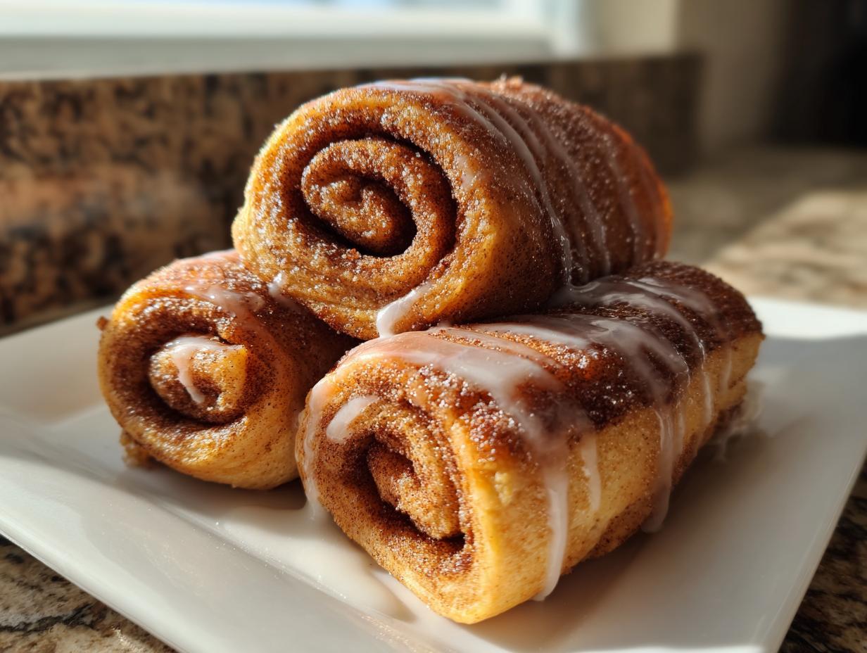 Three golden brown cinnamon roll french toast rolls stacked on a white plate, drizzled with white icing.