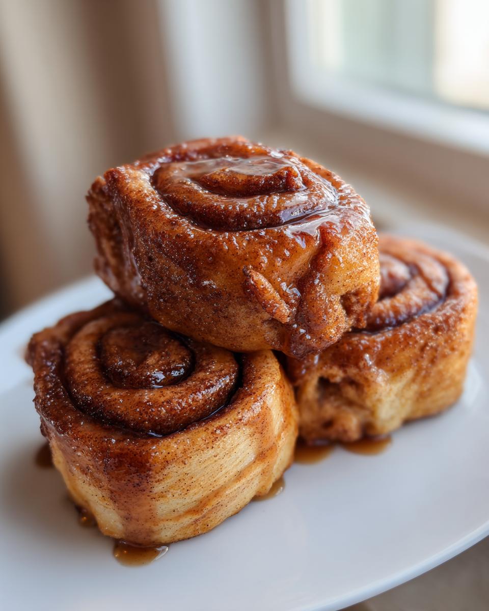 Three glazed rolls stacked on a white plate, representing cinnamon roll french toast.