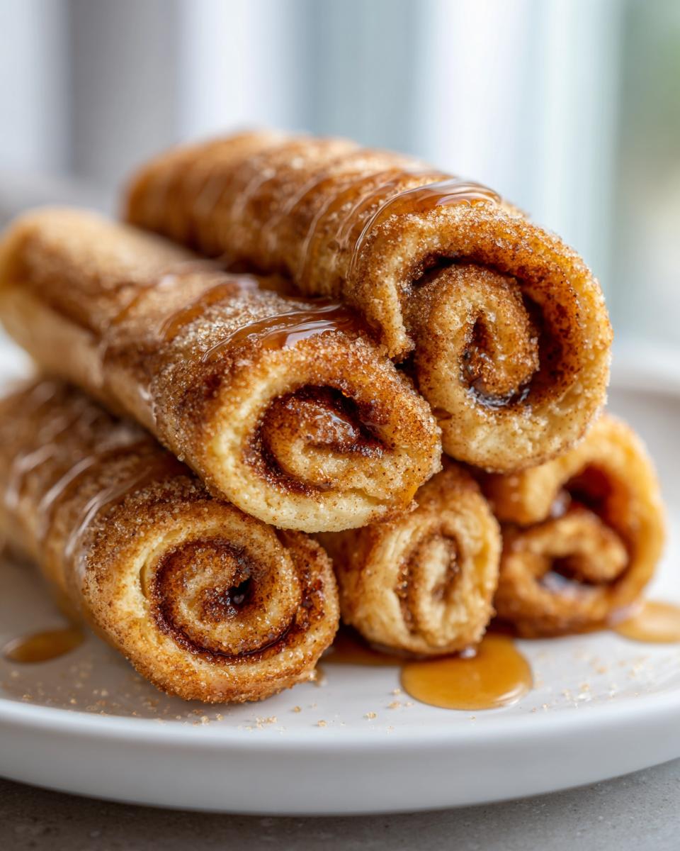 A close-up stack of golden brown cinnamon roll french toast pieces drizzled with syrup.