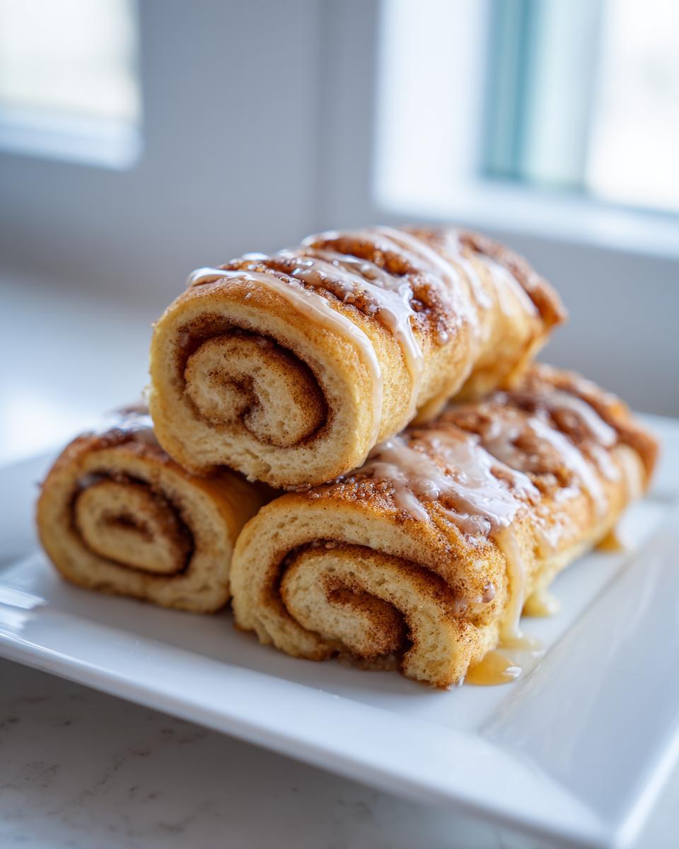 Three slices of golden cinnamon roll french toast stacked on a white plate, drizzled with white icing.