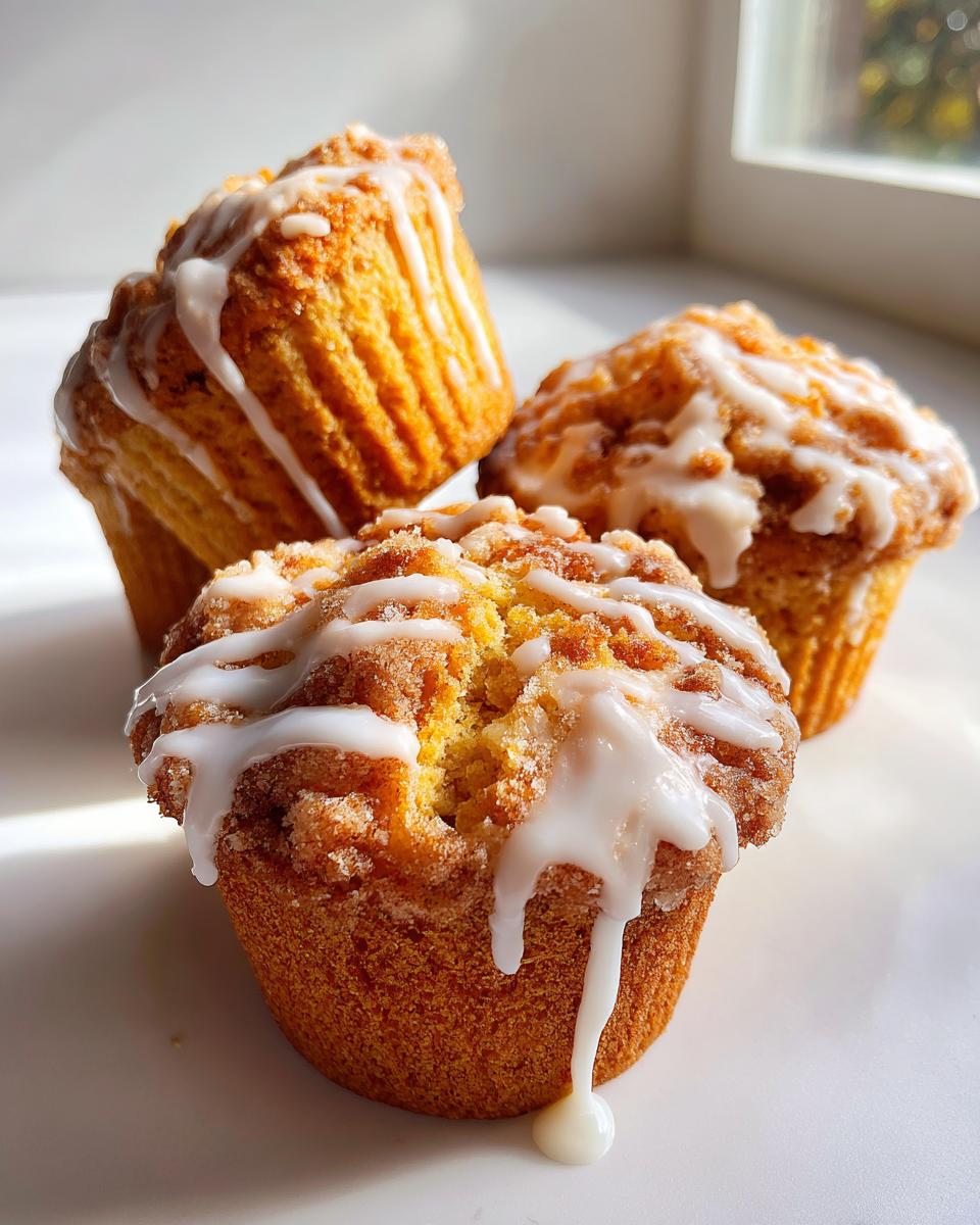 Three freshly baked cinnamon roll muffins topped with cinnamon streusel and drizzled with thick white icing.