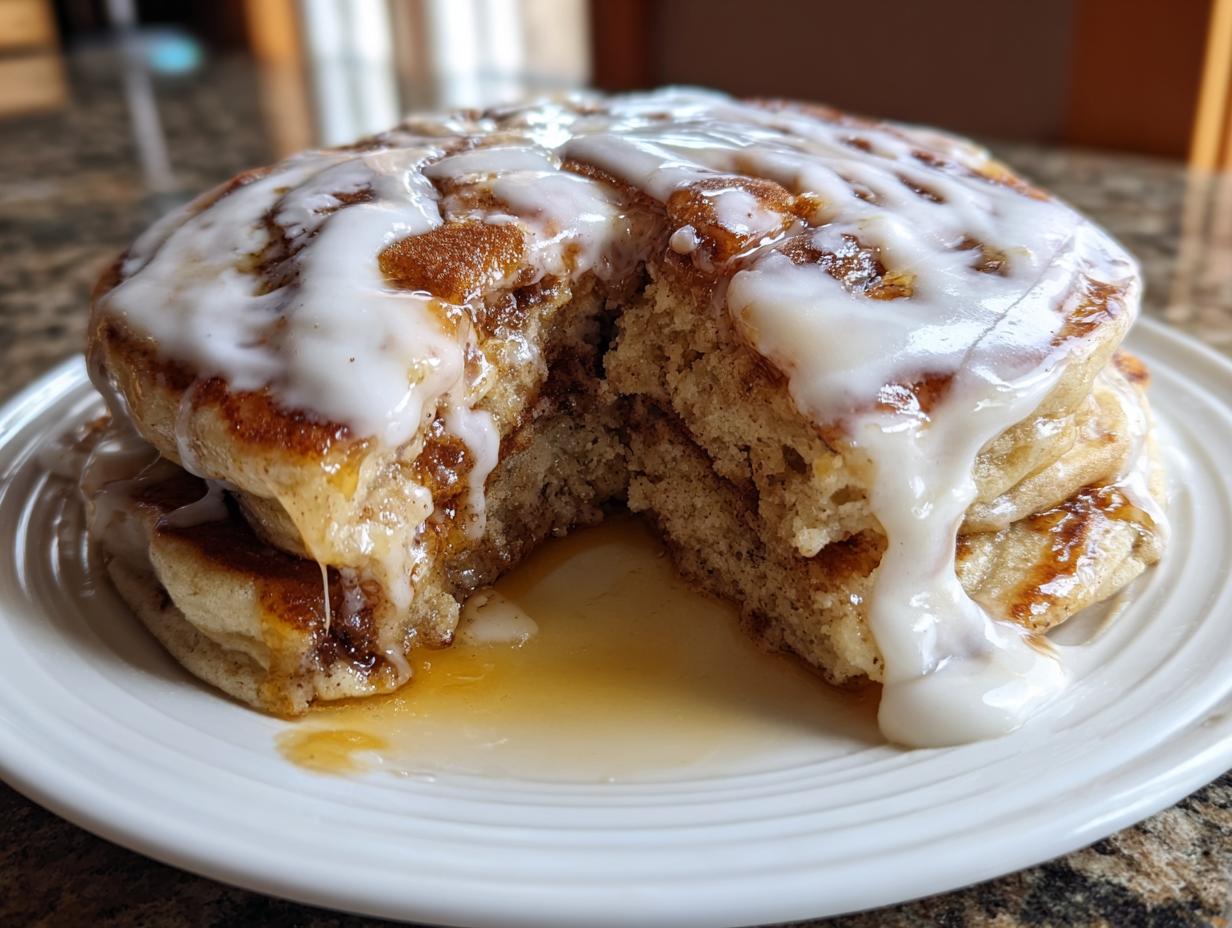 A thick stack of cinnamon roll pancakes cut open, drizzled heavily with white icing and syrup.