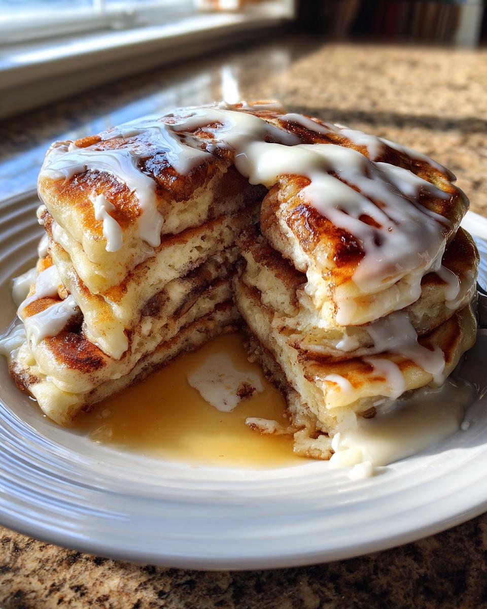 A tall stack of fluffy cinnamon roll pancakes, cut open to show layers, drizzled with white icing.