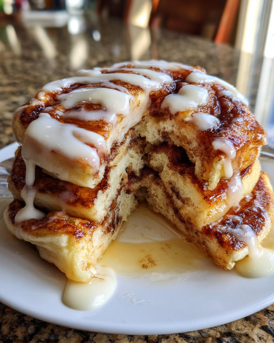A stack of three fluffy cinnamon roll pancakes cut in half, drizzled heavily with white icing and syrup.