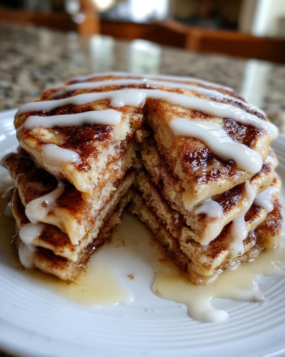 A stack of fluffy cinnamon roll pancakes cut in half, drizzled with white icing and syrup on a white plate.