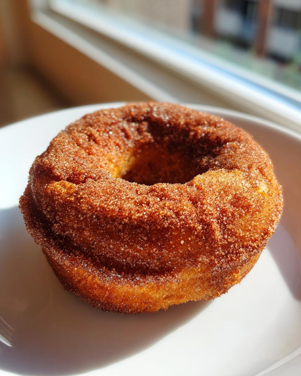 Close-up of a single baked pumpkin donut heavily coated in sparkling cinnamon sugar, sitting on a white plate.