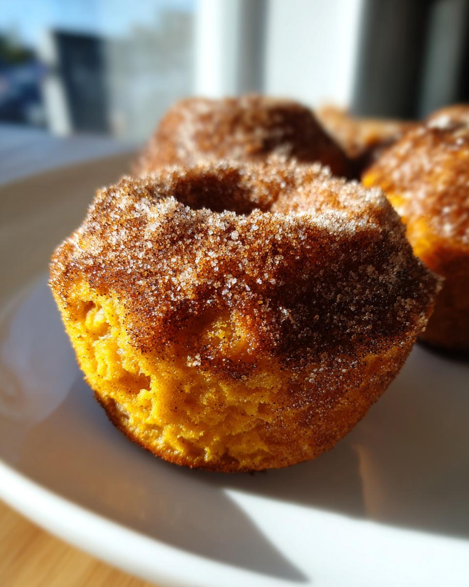 Close-up of a moist, orange-colored baked pumpkin donut coated heavily in cinnamon sugar.