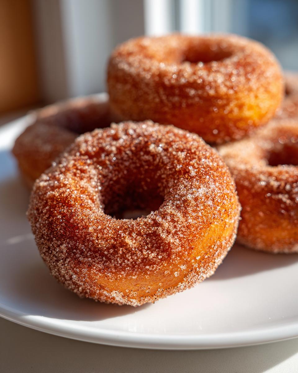 A close-up of several golden baked pumpkin donuts heavily coated in cinnamon sugar, stacked on a white plate.