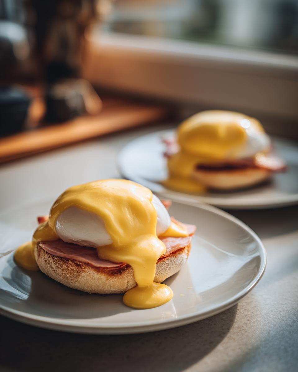 Close-up of a delicious eggs benedict featuring a poached egg, ham, and rich hollandaise sauce dripping down the side.