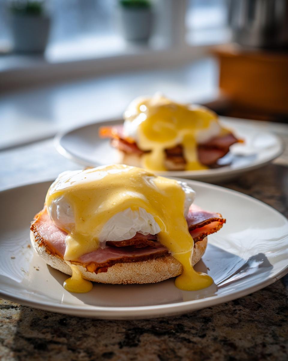 Close-up of a classic eggs benedict featuring a poached egg, ham, and rich hollandaise sauce dripping down.