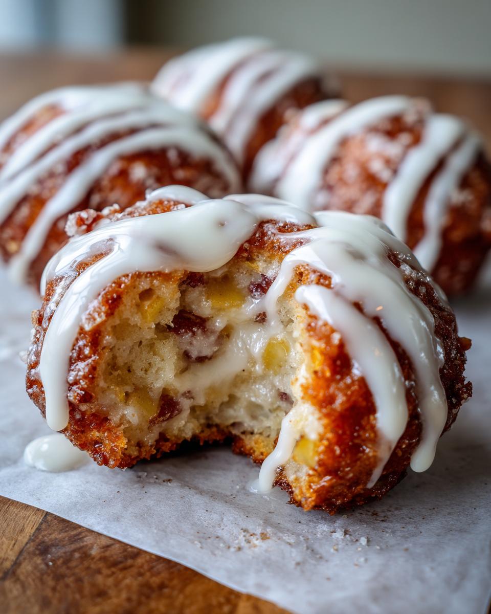 Close-up of a freshly glazed baked apple fritters with a bite taken out, showing chunks of apple inside.