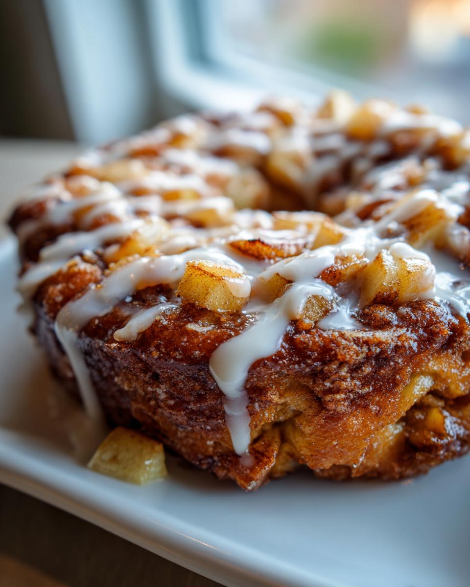 A close-up, macro shot of a single baked apple fritters topped with cinnamon-spiced apples and white vanilla glaze.