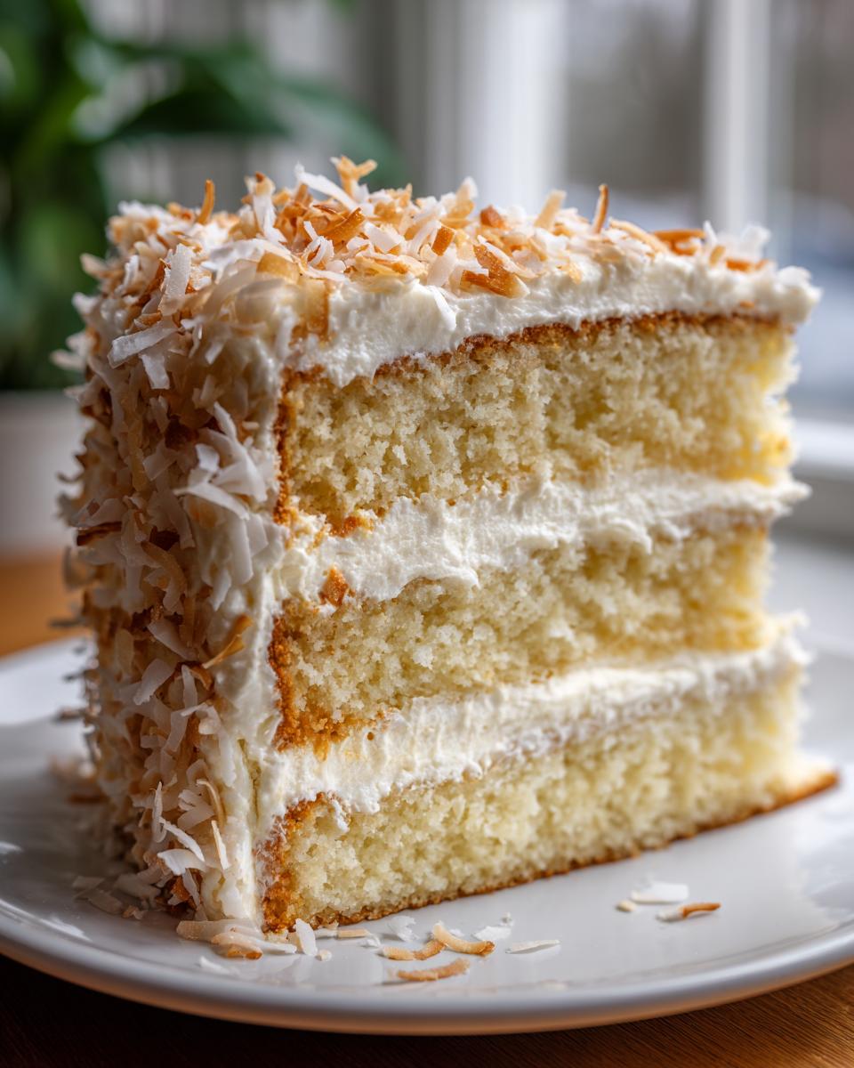 A tall slice of three-layer coconut cake recipe with white frosting and toasted coconut flakes.