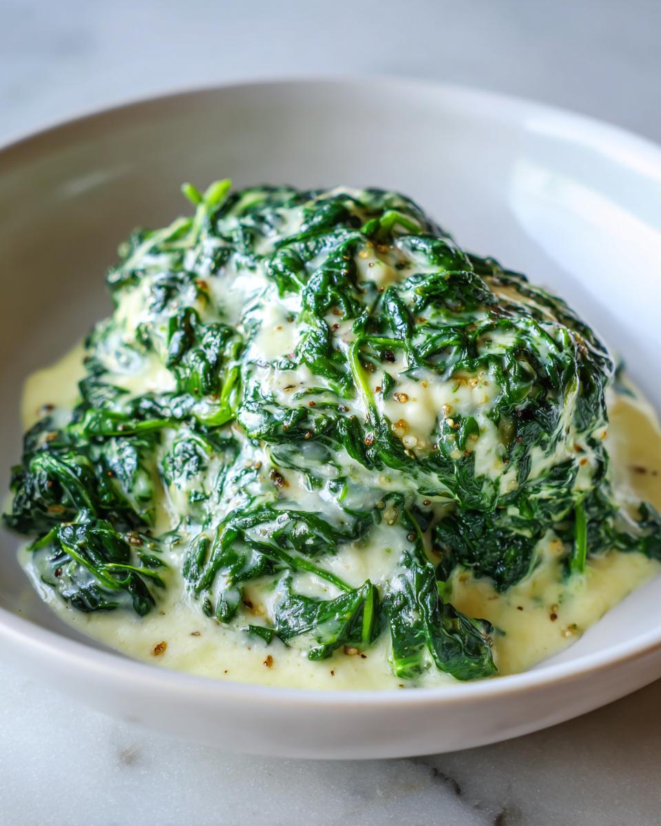 Close-up of a generous serving of vibrant green creamed spinach recipe topped with cracked pepper.