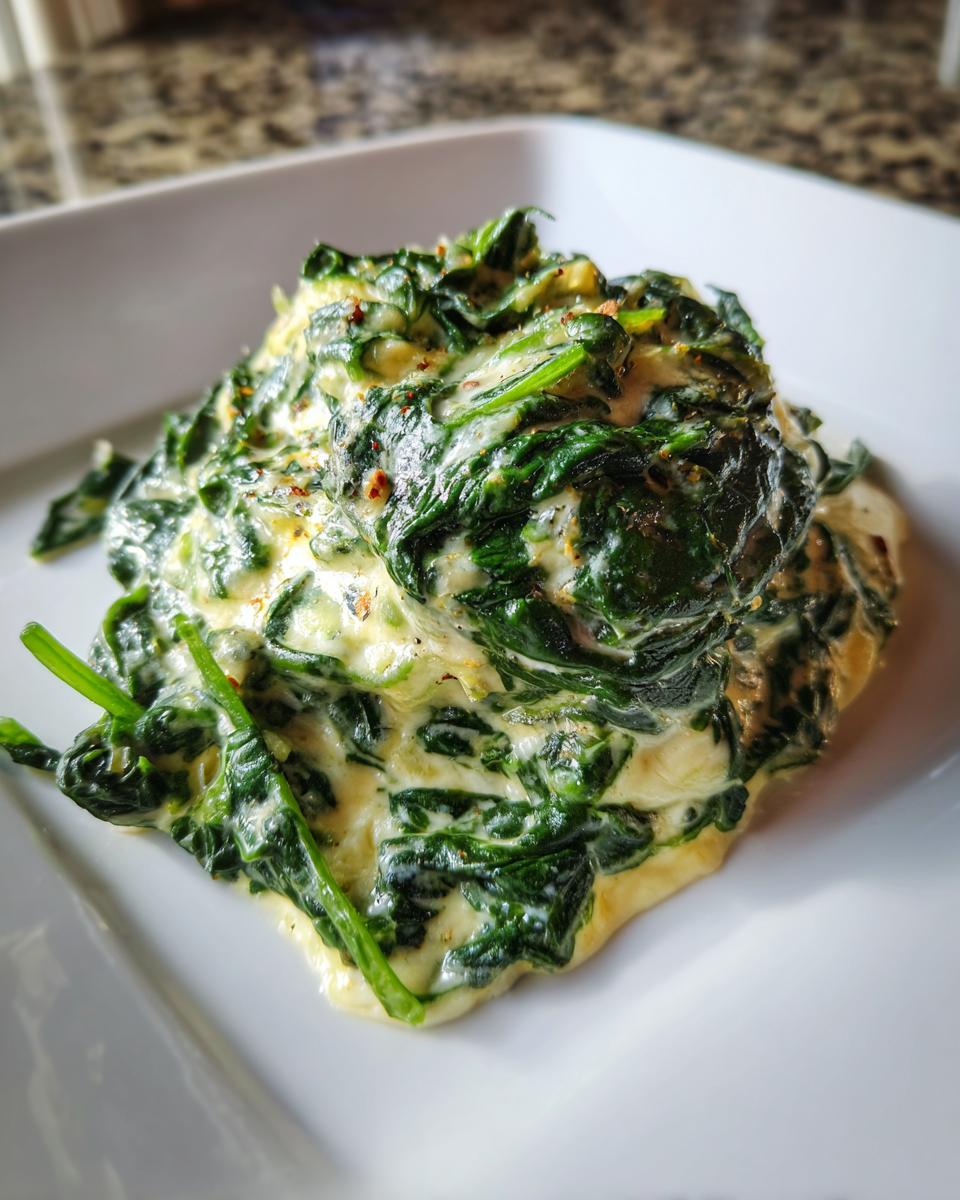 A close-up serving of rich, green creamed spinach recipe coated in a creamy white sauce, served on a white square plate.