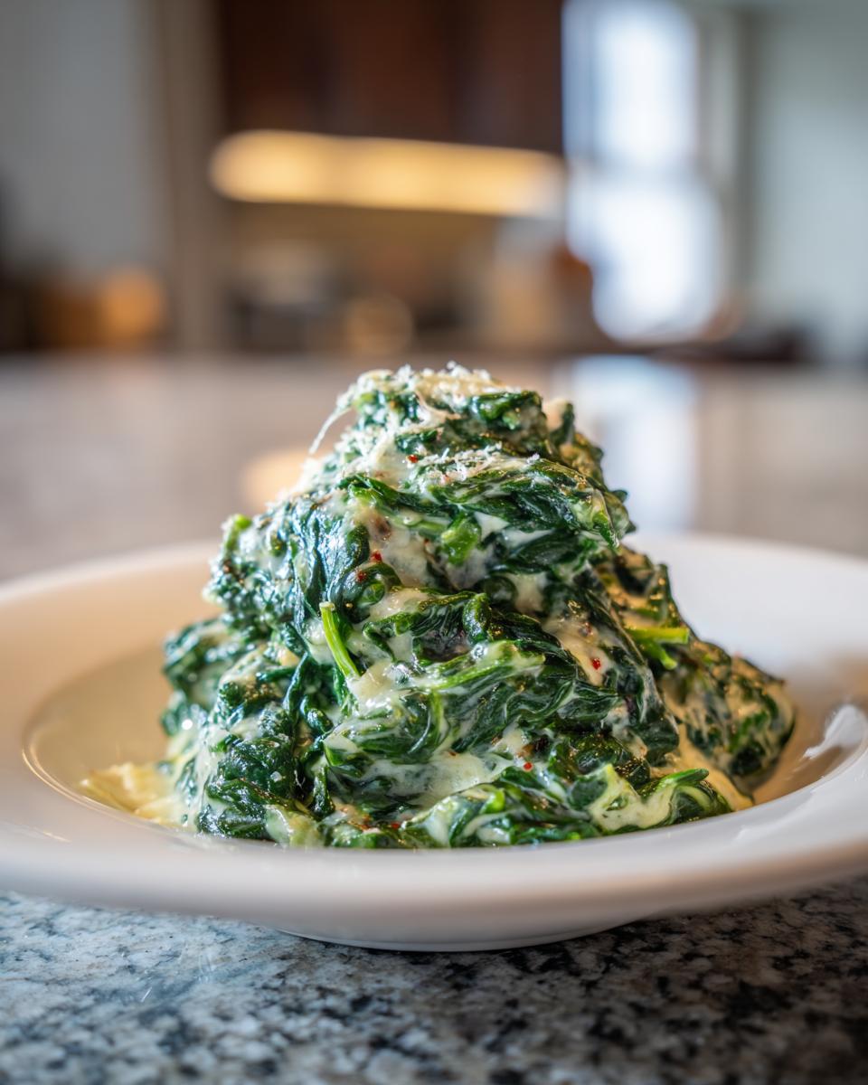 A mound of rich, vibrant green creamed spinach topped with grated cheese, served in a white bowl.
