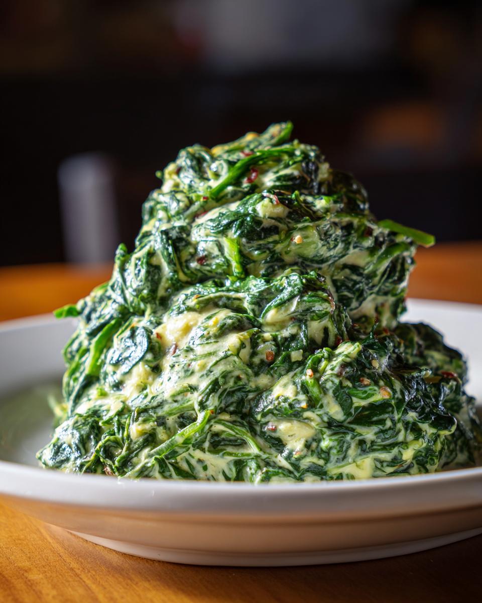 A generous mound of rich, vibrant green creamed spinach recipe served in a white bowl.