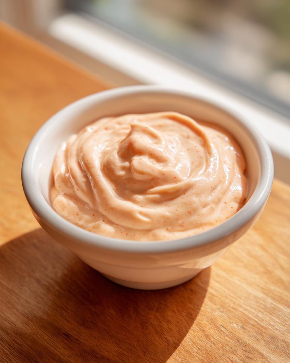 Close-up of creamy, orange-tinted big mac sauce swirled in a small white dipping bowl.