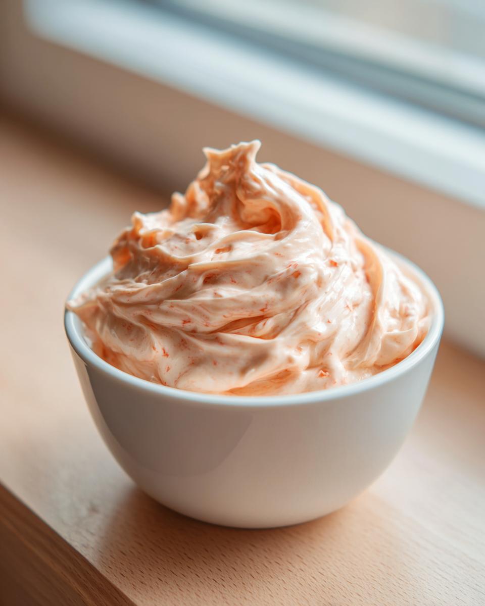 A close-up of creamy, orange-tinted homemade big mac sauce swirled high in a small white bowl.