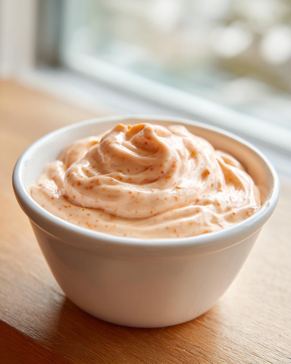 Close-up of creamy, orange-tinted big mac sauce with visible relish specks, swirled in a small white bowl.