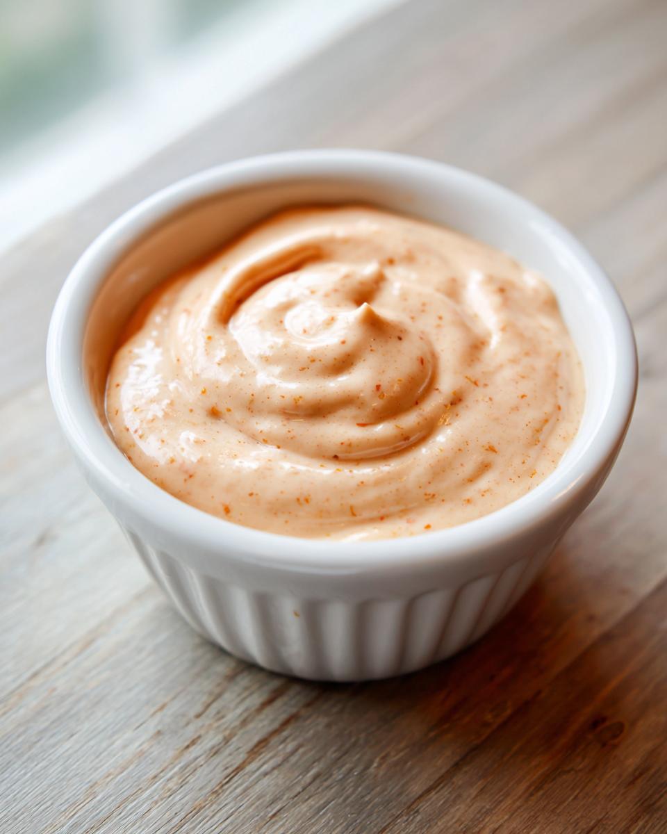 Close-up of creamy, orange-tinted big mac sauce swirled perfectly in a small white dipping bowl.