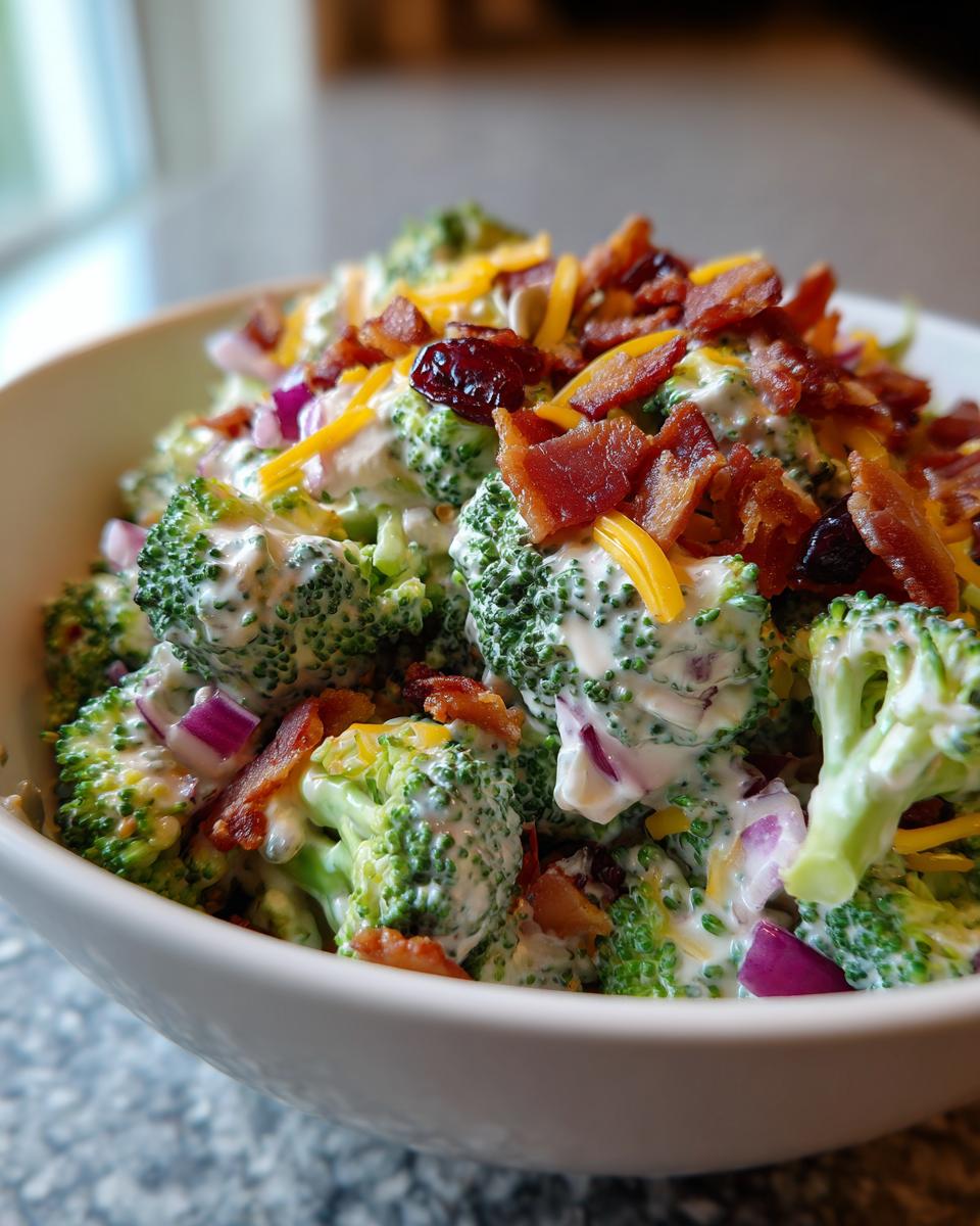 Close-up of a creamy broccoli salad featuring florets, red onion, cheddar cheese, cranberries, and bacon pieces.