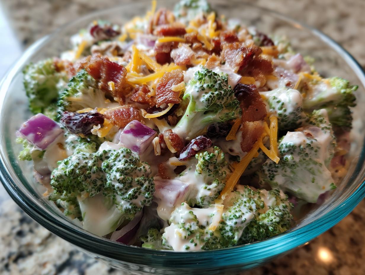 Close-up of a creamy broccoli salad featuring fresh broccoli florets, red onion, dried cranberries, bacon bits, and shredded cheese.