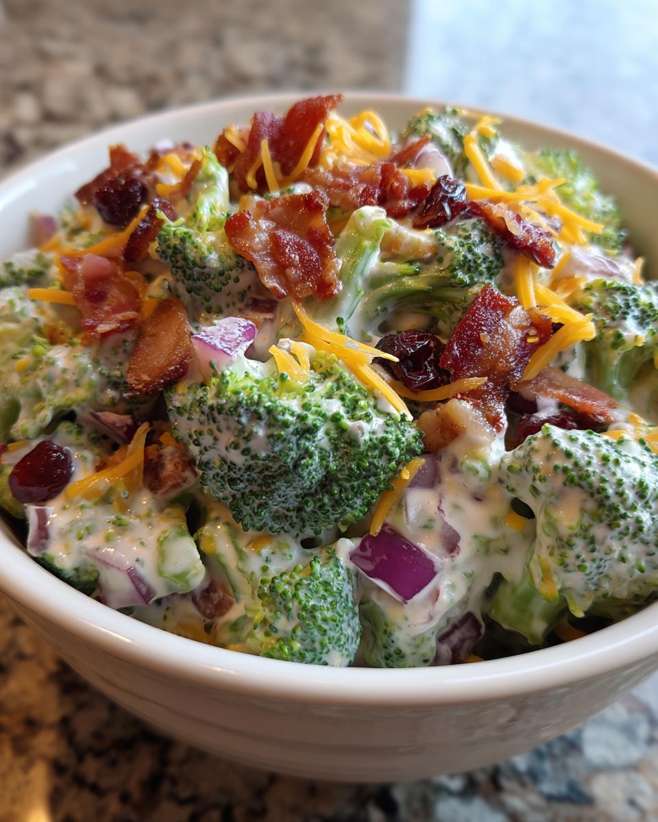 A close-up of a white bowl filled with creamy broccoli salad, topped with bacon bits, shredded cheddar, and red onion.