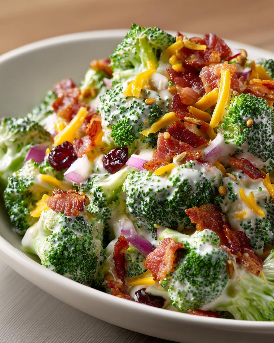 Close-up of a creamy broccoli salad featuring fresh broccoli florets coated in dressing, topped with bacon bits, shredded cheddar, and dried cranberries.