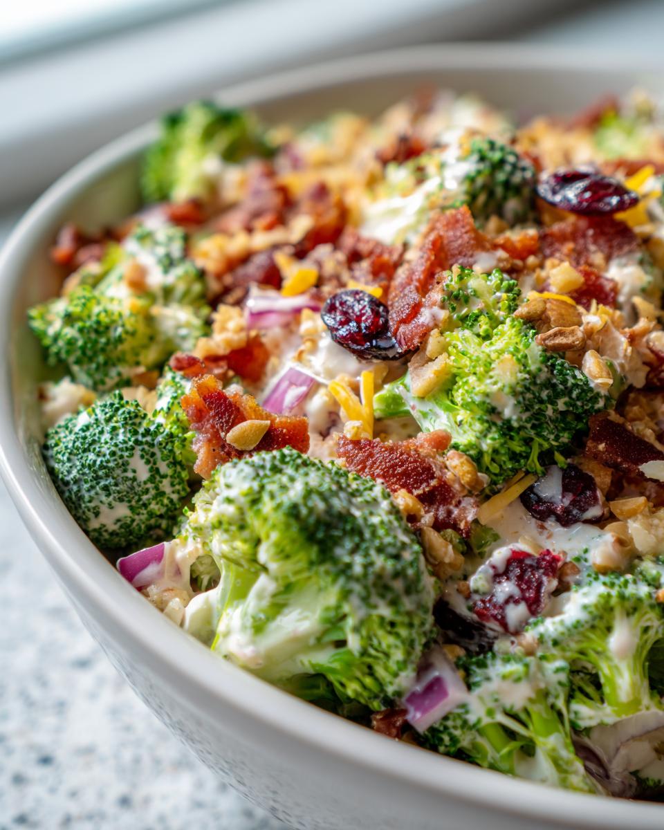 Close-up view of a bowl filled with creamy broccoli salad, featuring bright green broccoli florets, bacon bits, dried cranberries, and nuts.