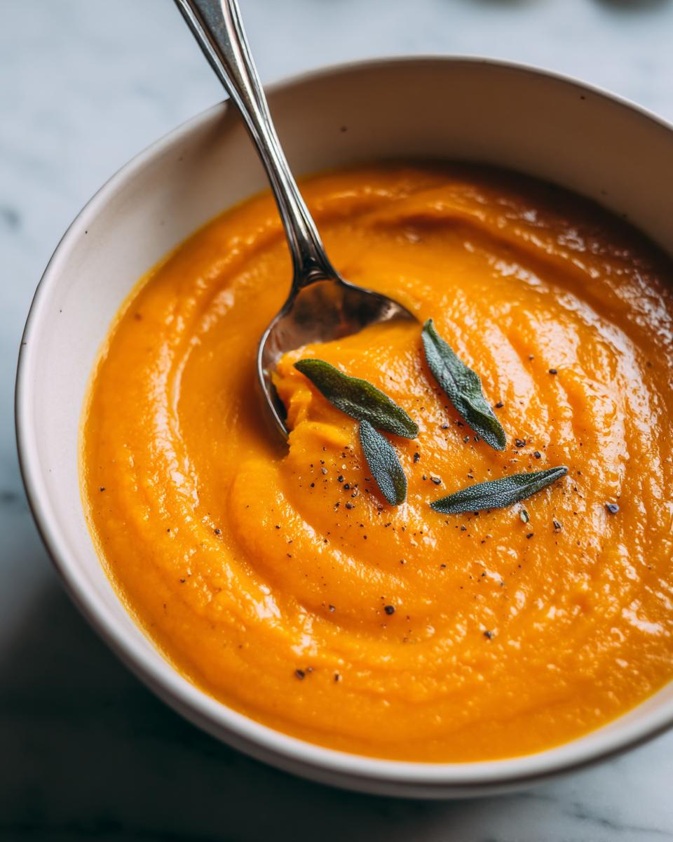 Close-up of creamy orange butternut squash soup topped with fresh sage leaves and cracked black pepper.
