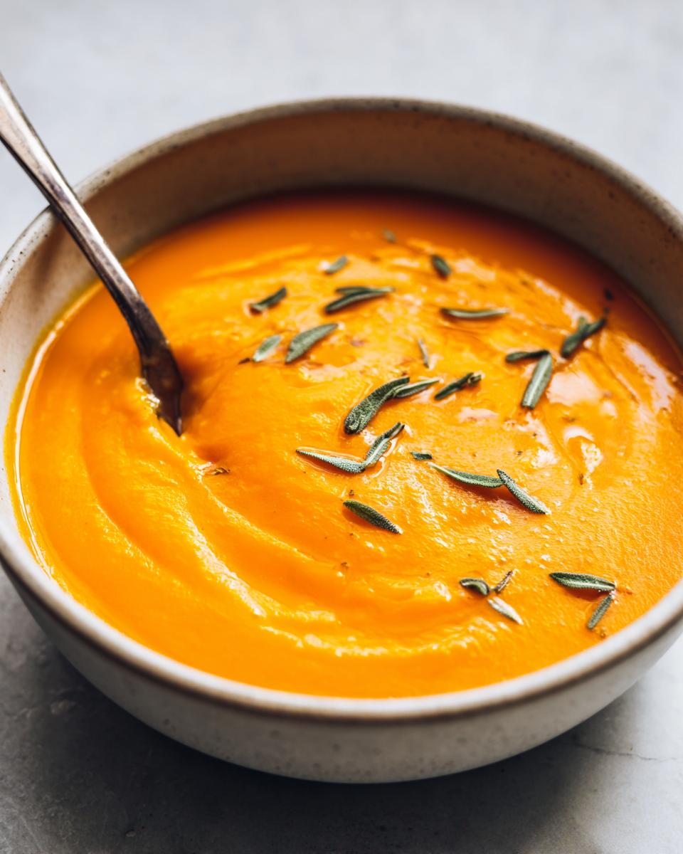 Close-up of creamy, vibrant orange butternut squash soup topped with fresh sage leaves.
