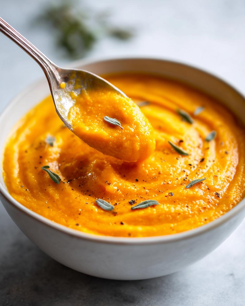 A spoonful of rich, orange butternut squash soup garnished with sage leaves and black pepper.