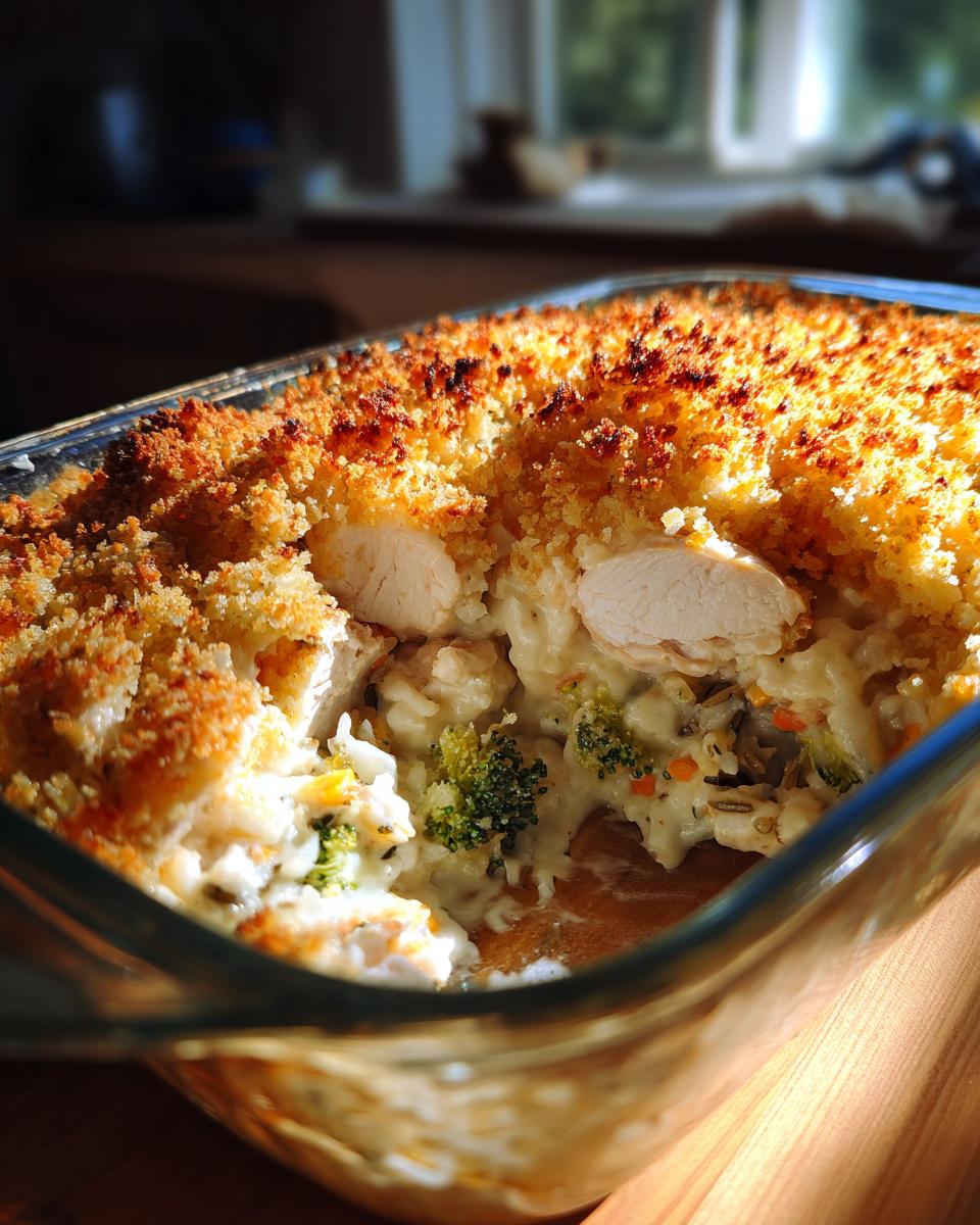 Close-up of creamy chicken and wild rice casserole with chunks of chicken and broccoli, topped with a golden brown crust.