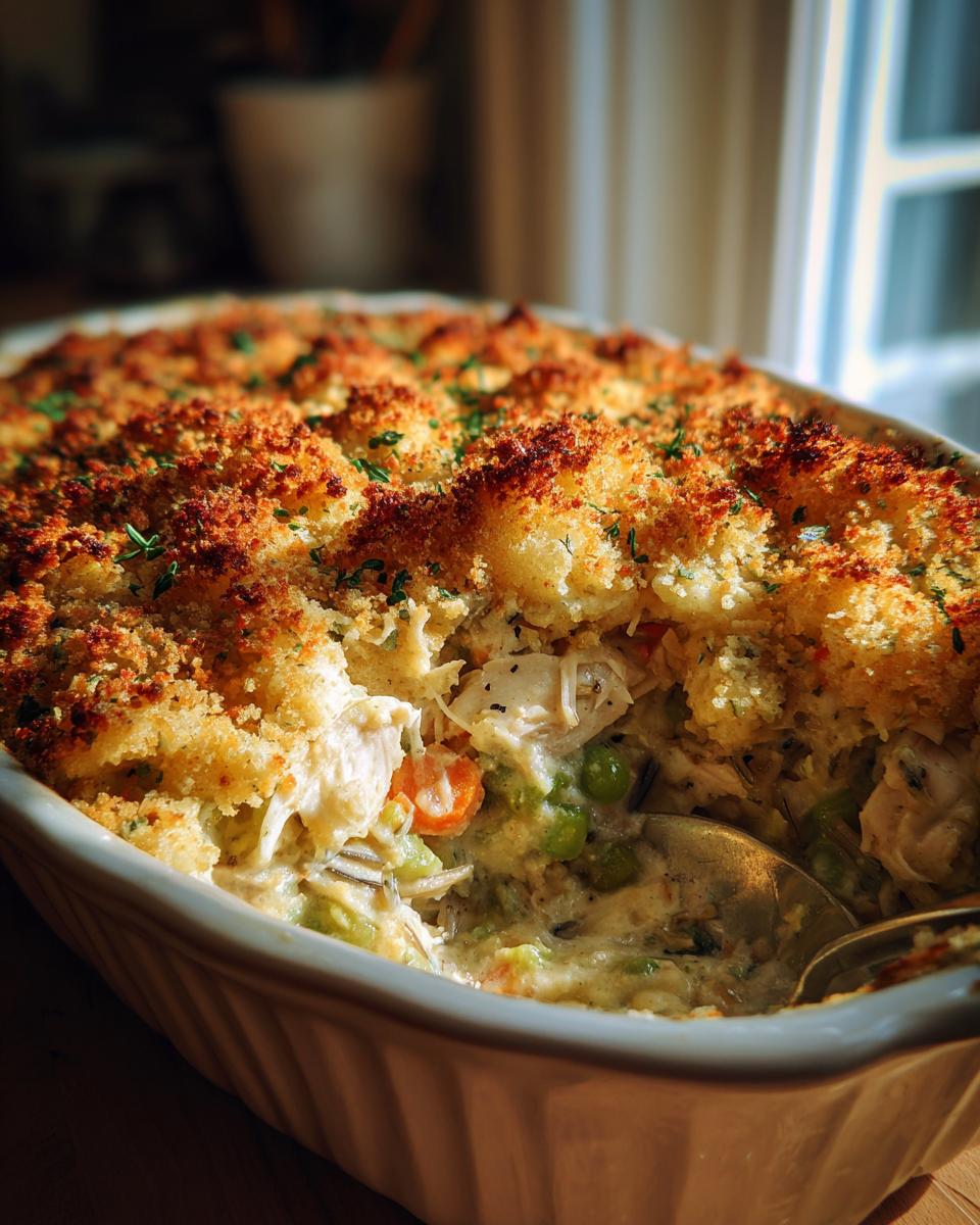A spoonful being taken from a creamy chicken and wild rice casserole topped with golden brown breadcrumbs.